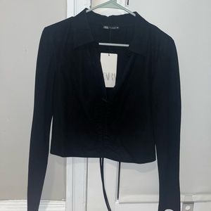 Zara Black Cropped Long Sleeve Ruched Top